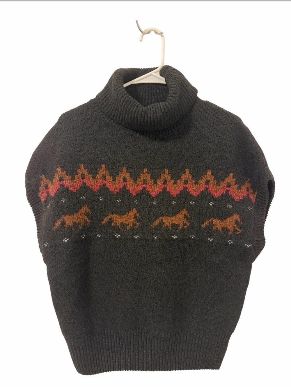 7 For All Mankind Women's Black Horse Fair Isle Mock Neck Knit Sweater Vest L - Picture 3 of 11